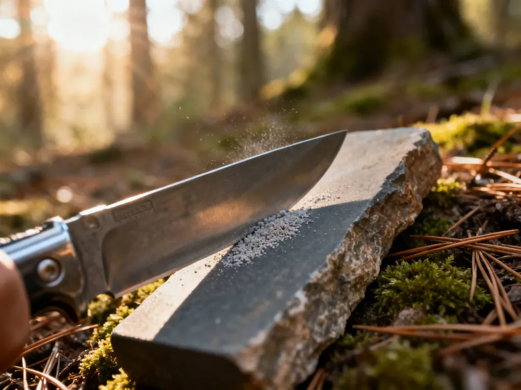Ostrzenie ostrza noża survivalowego na naturalnym kamieniu w leśnym otoczeniu.