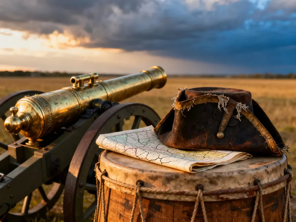 Historyczne wyposażenie Wielkiej Armii: armata, kapelusz i mapa na tle pola bitwy w świetle zachodzącego słońca.