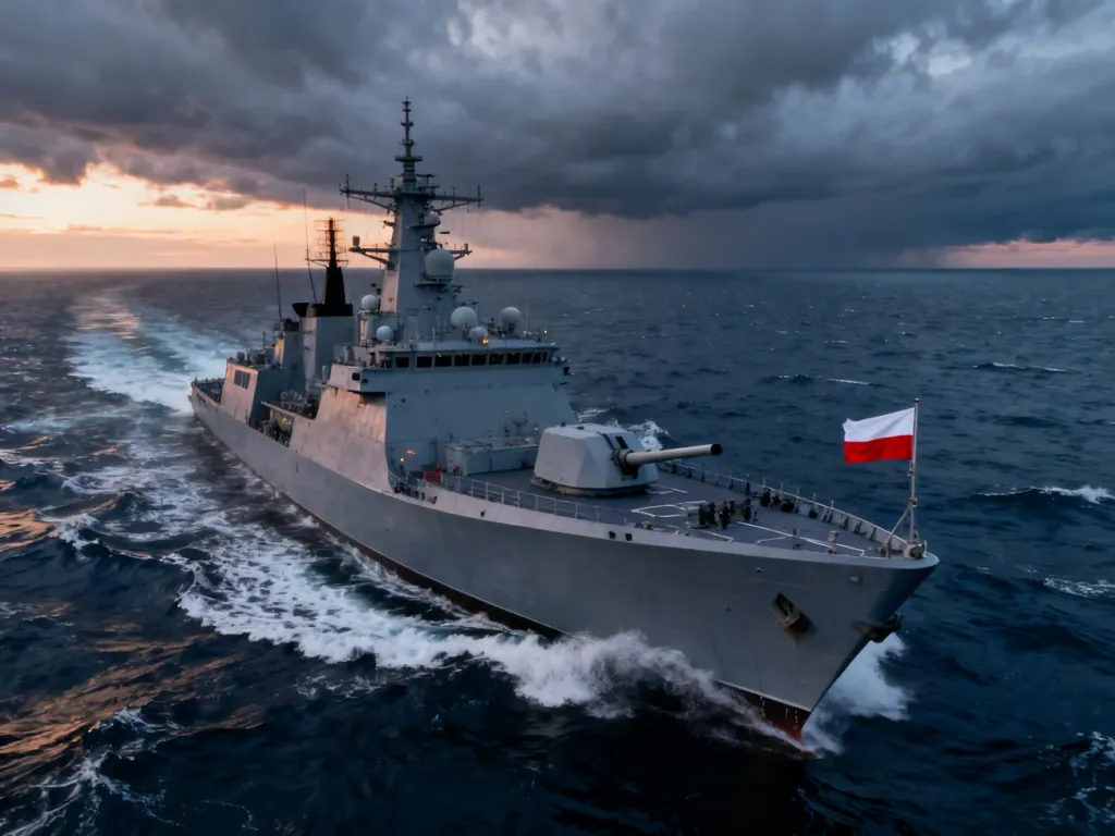 Szary polski okręt wojenny płynący przez wzburzone wody Bałtyku z powiewającą na dziobie biało-czerwoną banderą.