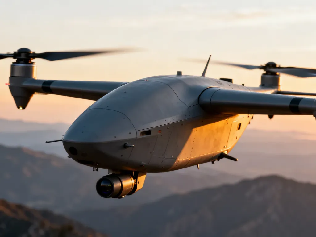 Wojskowy dron zwiadowczy o matowej powłoce typu stealth, zawieszony w powietrzu na tle górskiego krajobrazu o zachodzie słońca.
