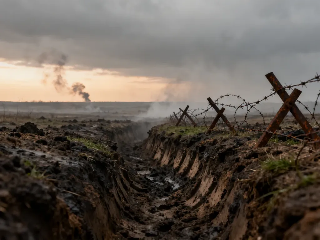 Zniszczone okopy i drut kolczasty na polu bitwy pod Ypres w czasie I wojny światowej w ponurej, zamglonej scenerii.