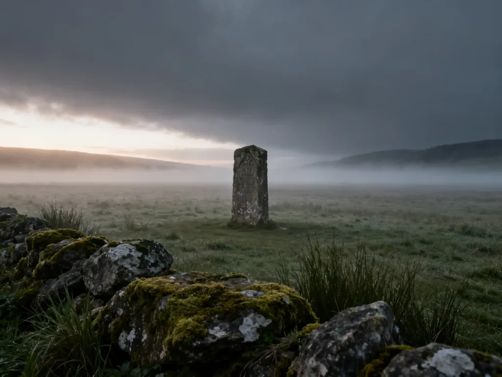 Stary kamień graniczny na zamglonym polu o świcie, symbolizujący historyczne podziały terytorialne.