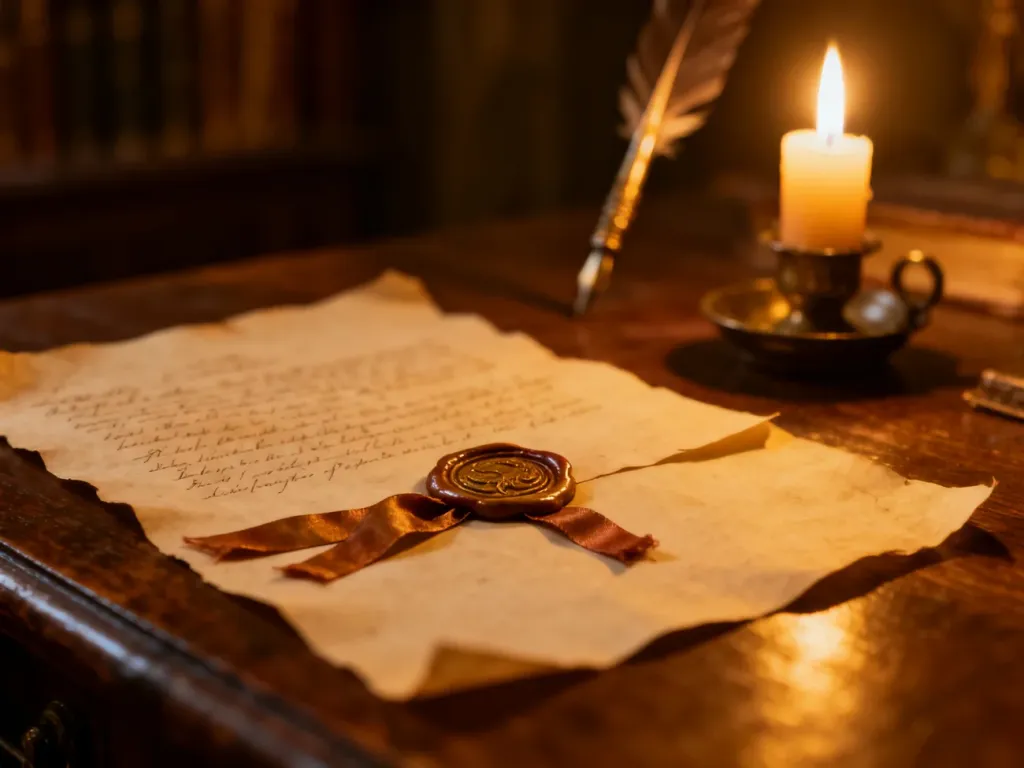 Historyczny dokument z woskową pieczęcią na drewnianym stole, symbolizujący zawarcie dawnego porozumienia.