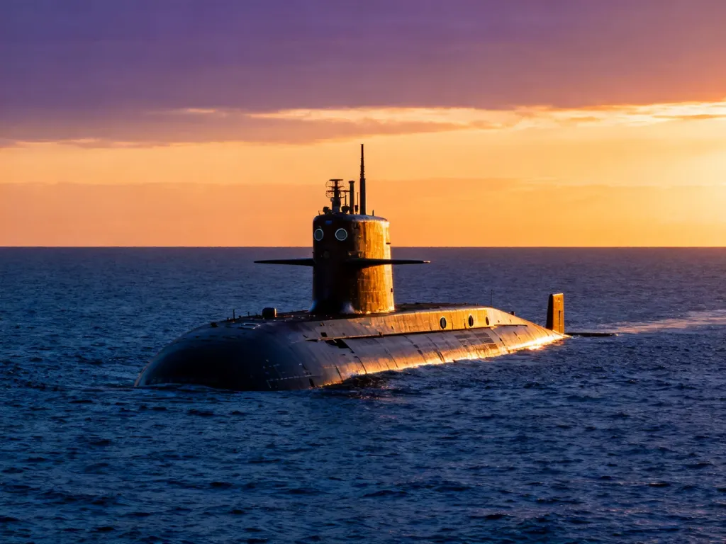 Okręt podwodny wynurzony na spokojnym oceanie podczas zachodu słońca.