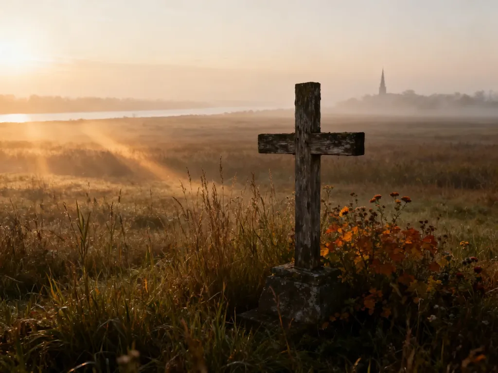 Zamglony krajobraz pól bitewnych o wschodzie słońca z pamiątkowym drewnianym krzyżem w miejscu Bitwy Warszawskiej.