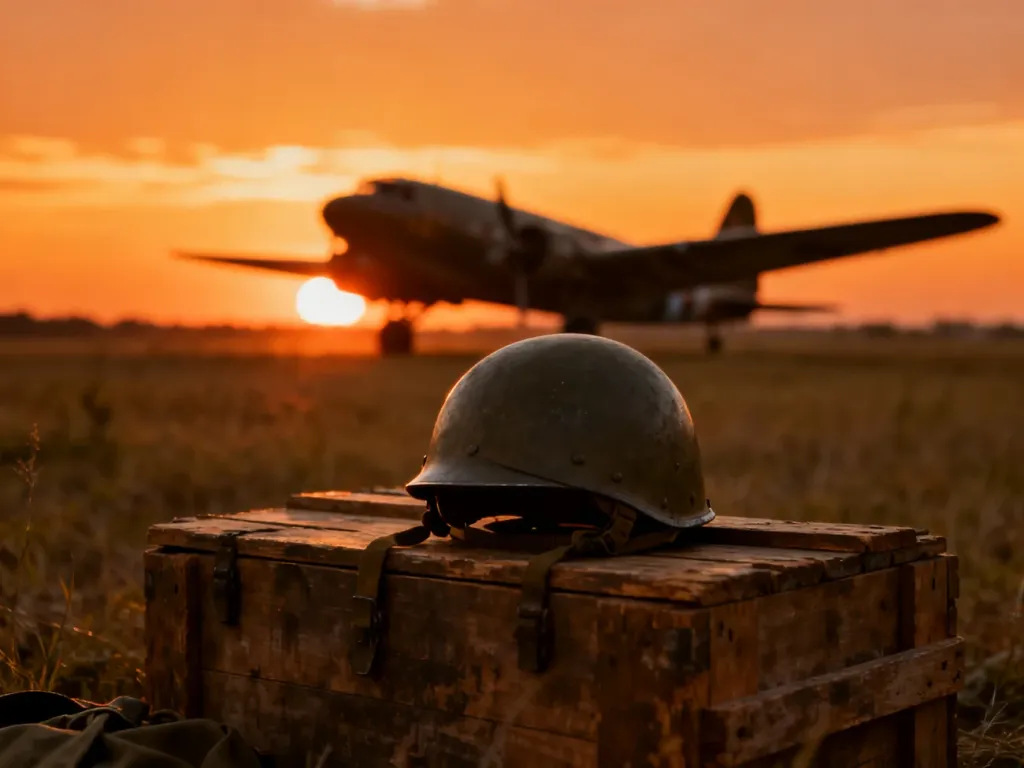 Historyczny hełm spadochronowy na drewnianej skrzyni o zachodzie słońca, w tle sylwetka wojskowego samolotu transportowego.