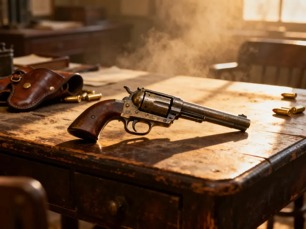 Zabytkowy rewolwer Colt Single Action Army leżący na drewnianym stole w scenerii nawiązującej do Dzikiego Zachodu.