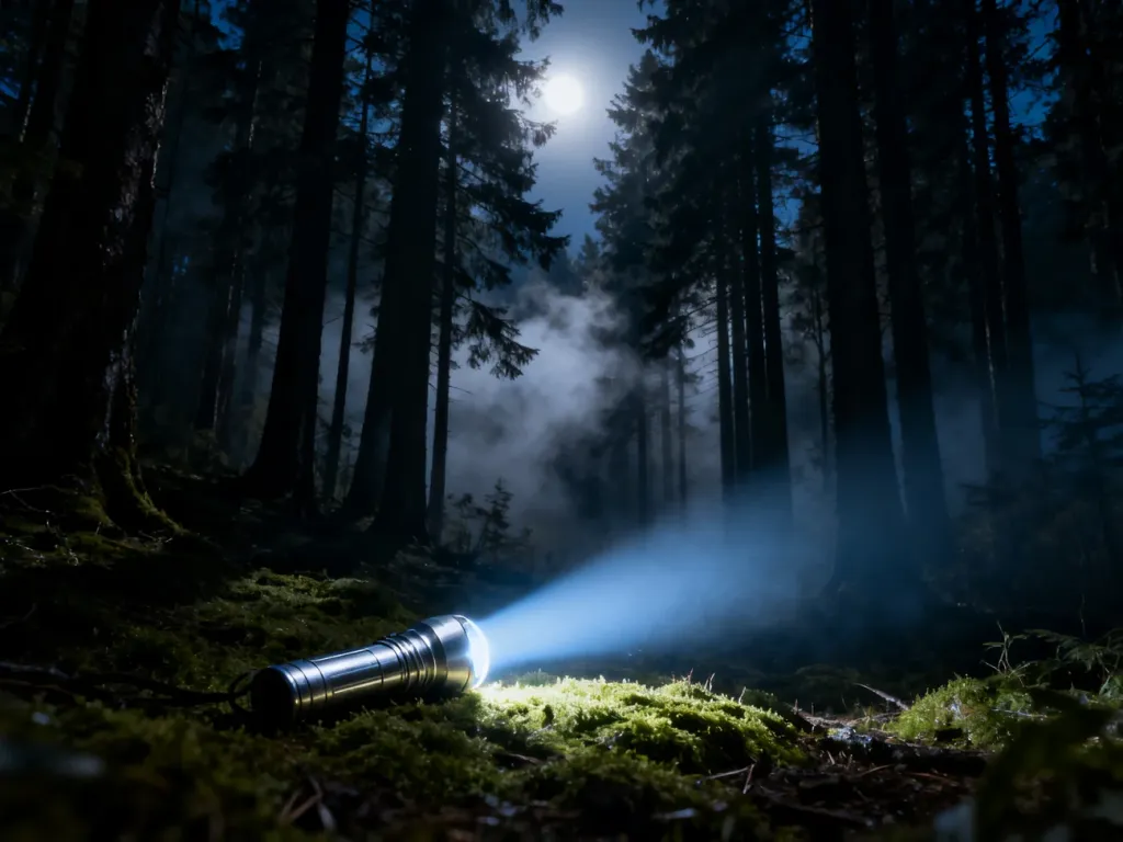 Profesjonalna latarka oświetlająca snopem światła mroczny, zamglony las nocą.