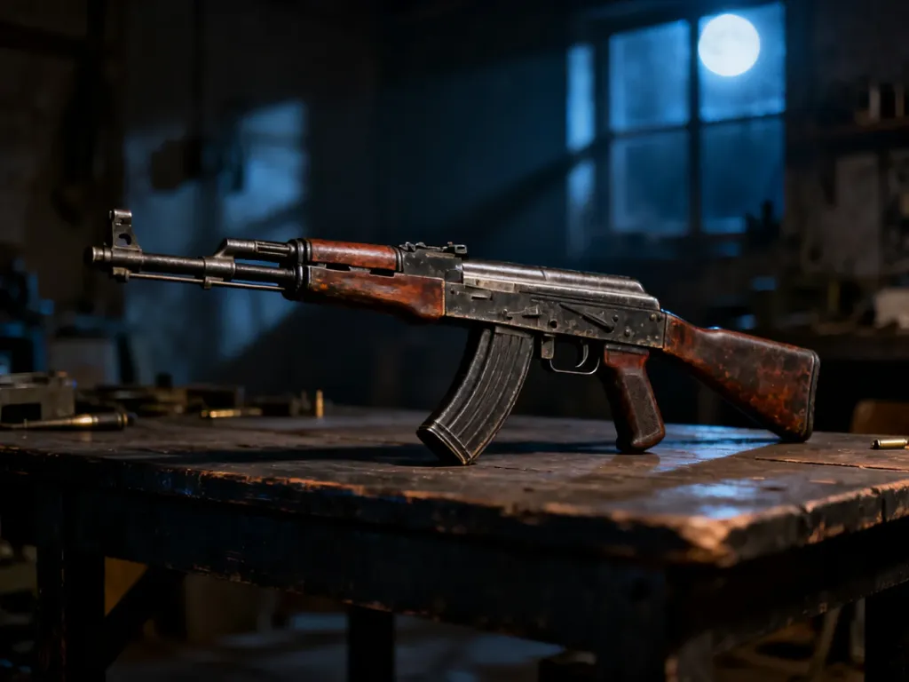 Karabinek AK-47 z widocznymi śladami użytkowania spoczywający na surowym, drewnianym stole w klimatycznym warsztacie.
