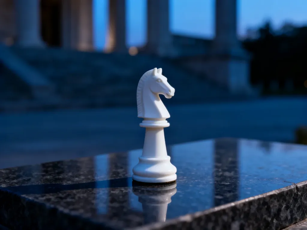 Minimalistyczna biała figura skoczka szachowego na ciemnym tle, symbolizująca strategię i znaczenie tego motywu.
